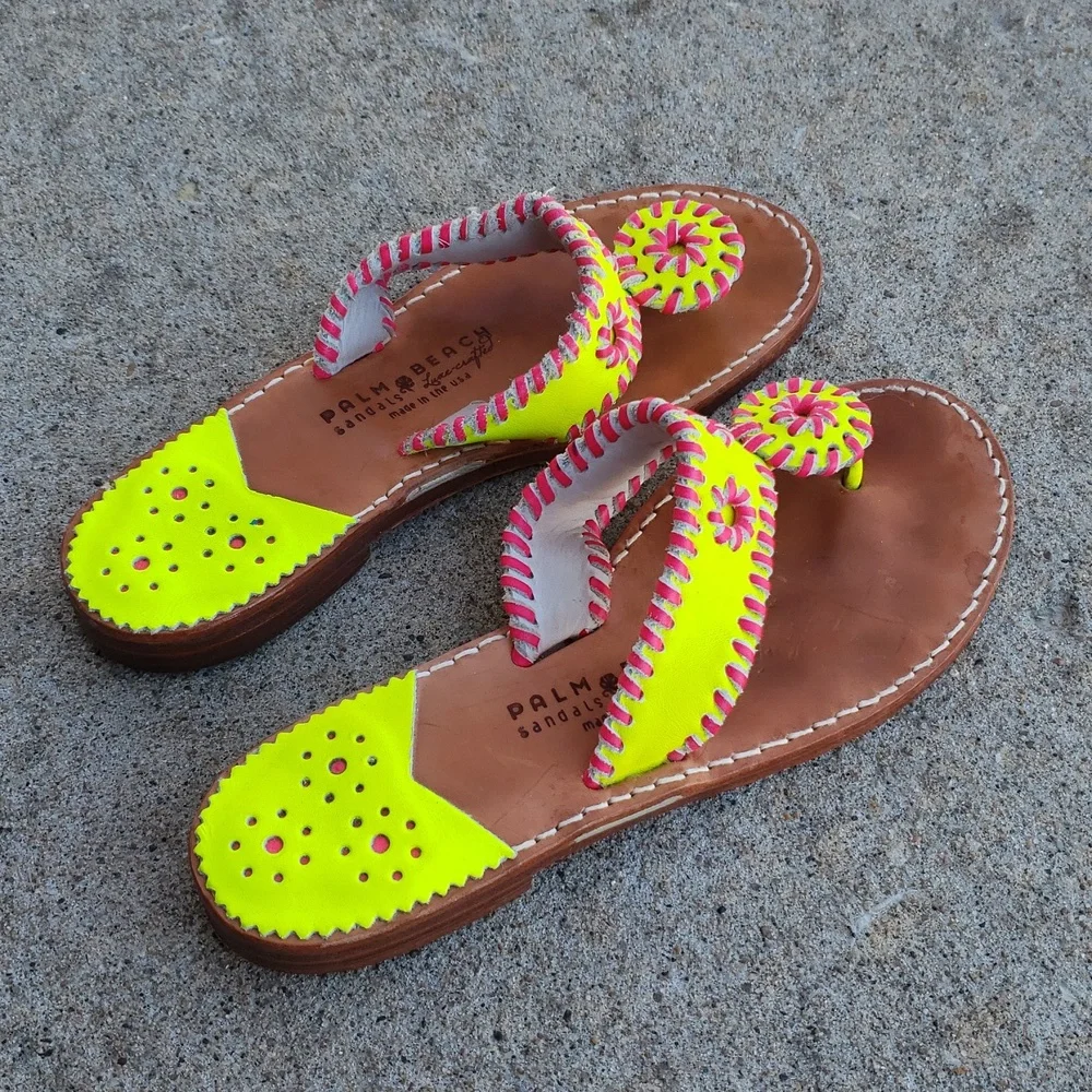 Palm Beach Handmade Leather Neon Green Pink Sandals Size 8 Beachy Tropical USA - Picture 4 of 16